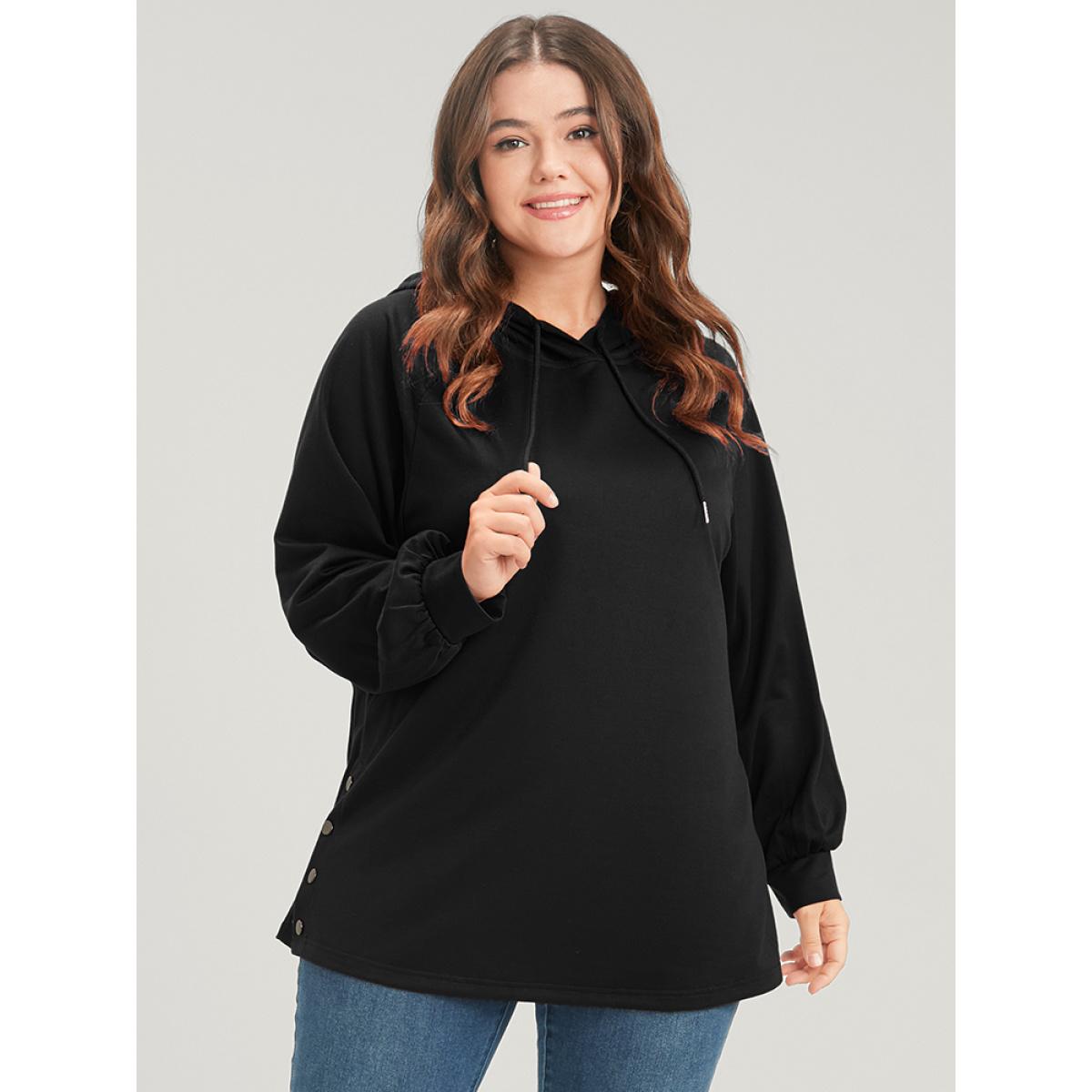 Plus Size Solid Button Side Drop Shoulder Hooded Sweatshirt Women Black Casual Button Hooded Dailywear Sweatshirts BloomChic 12/L Product Image