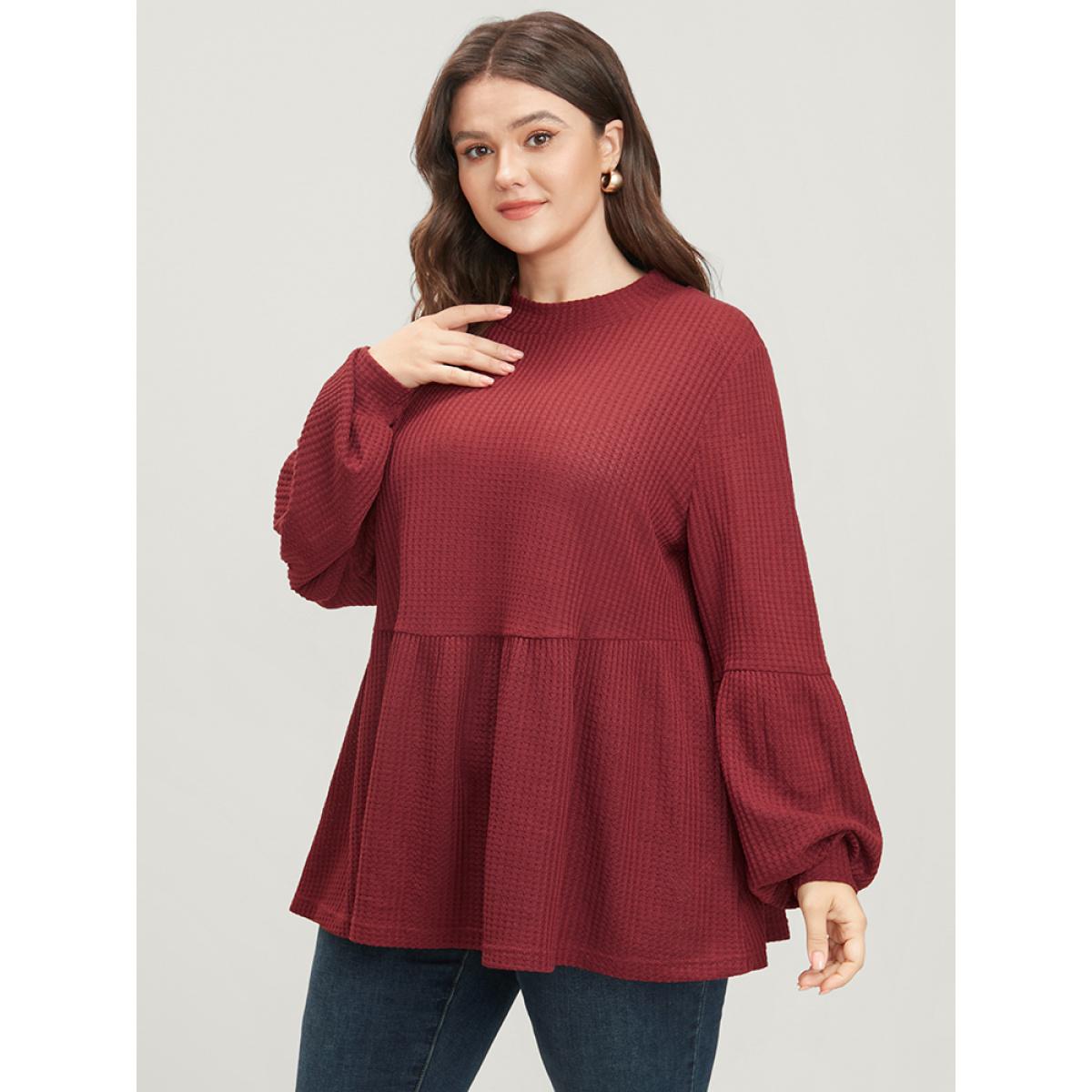 Plus Size Russet Solid Lantern Sleeve Ruffle Hem Textured Blouse Women Elegant Long Sleeve Round Neck Dailywear Blouses BloomChic 22-24/3X Product Image