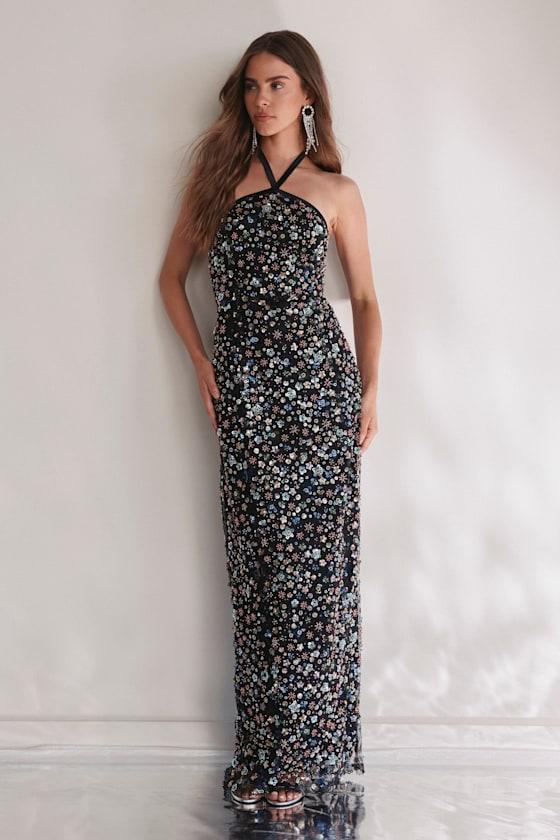 Edalene Black Mesh Sequin Beaded Halter Maxi Dress Product Image