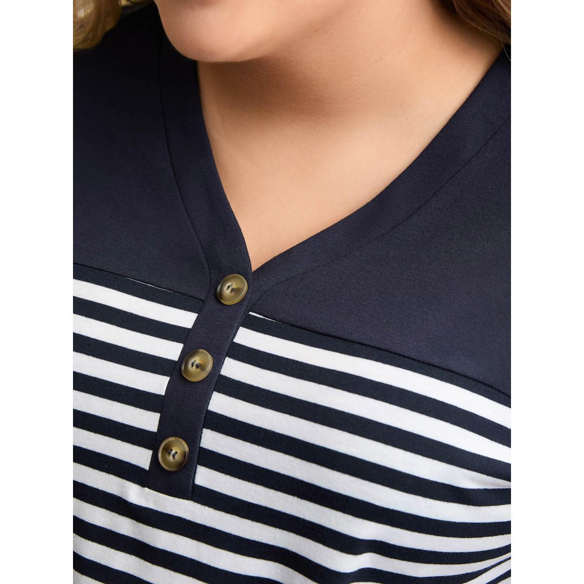 Plus Size Stretchy Striped Button Front T-Shirt Indigo Women Casual Contrast V-neck Everyday T-shirts BloomChic 26/4X Product Image