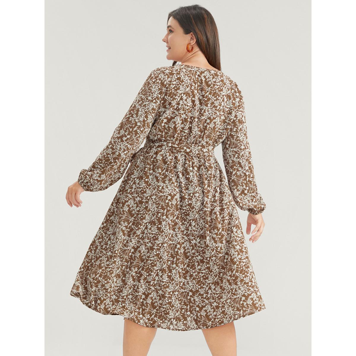 Plus Size Ditsy Floral Lantern Sleeve Pocket Belted Dress Bronze Women Elegant Belted V-neck Long Sleeve Curvy Midi Dress BloomChic 10/M Product Image