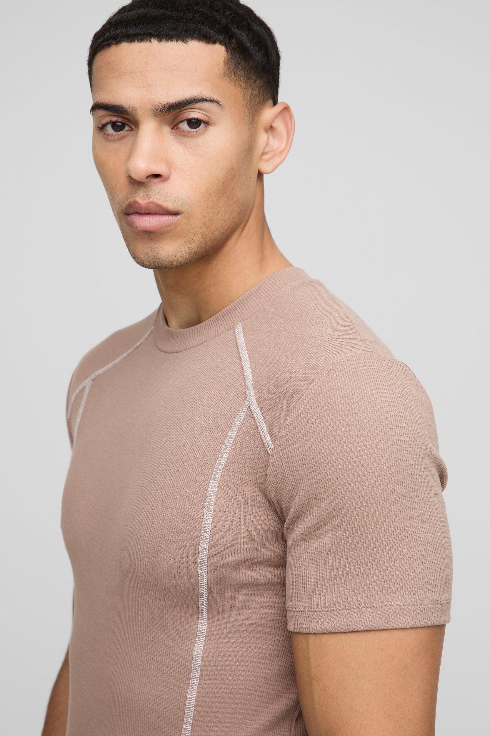 Muscle Fit Rib Contrast Stitch T-Shirt | boohooMAN USA Product Image