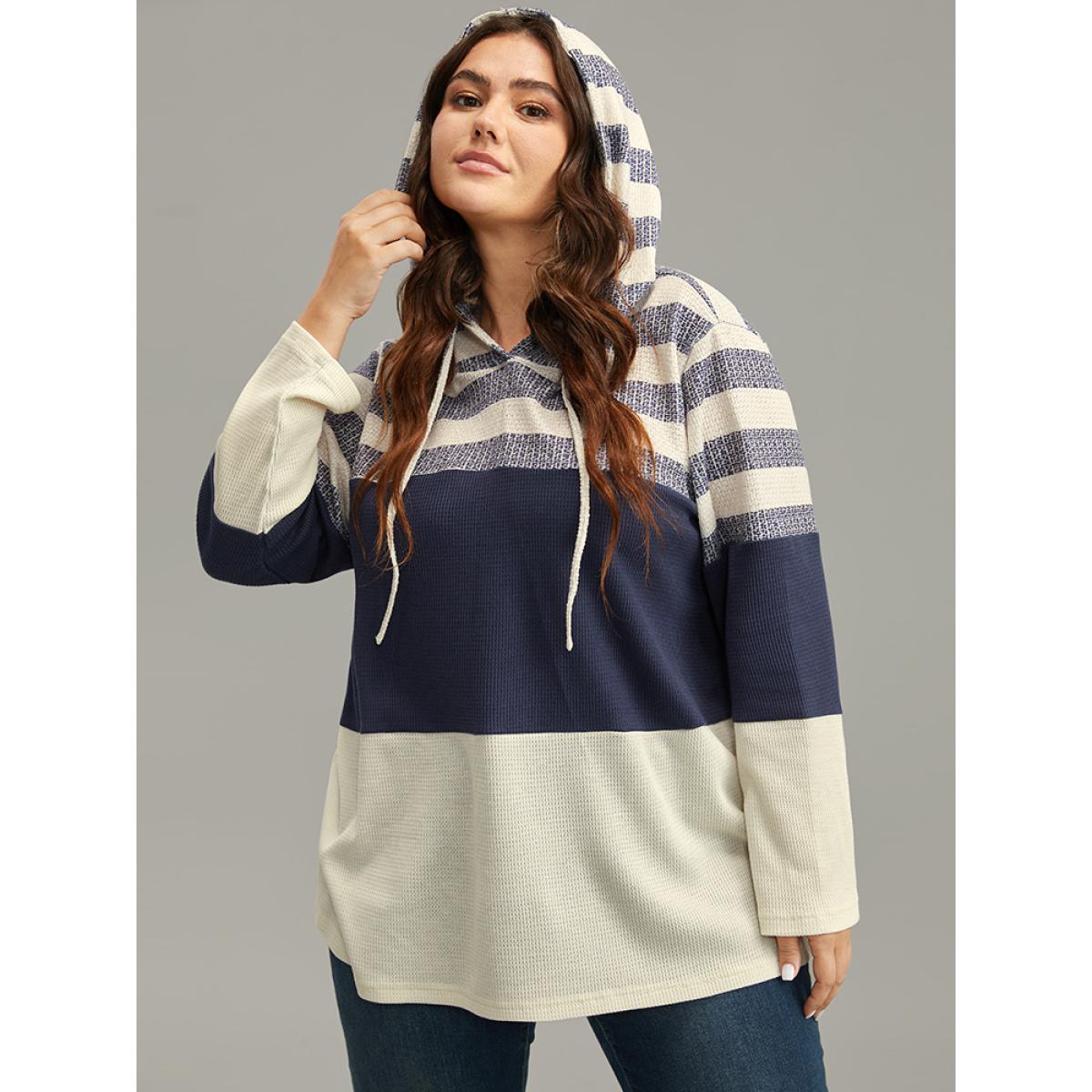 Plus Size Waffle Knit Striped Colorblock Hooded Sweatshirt Women Indigo Casual Contrast Hooded Dailywear Sweatshirts BloomChic 14-16/1X Product Image