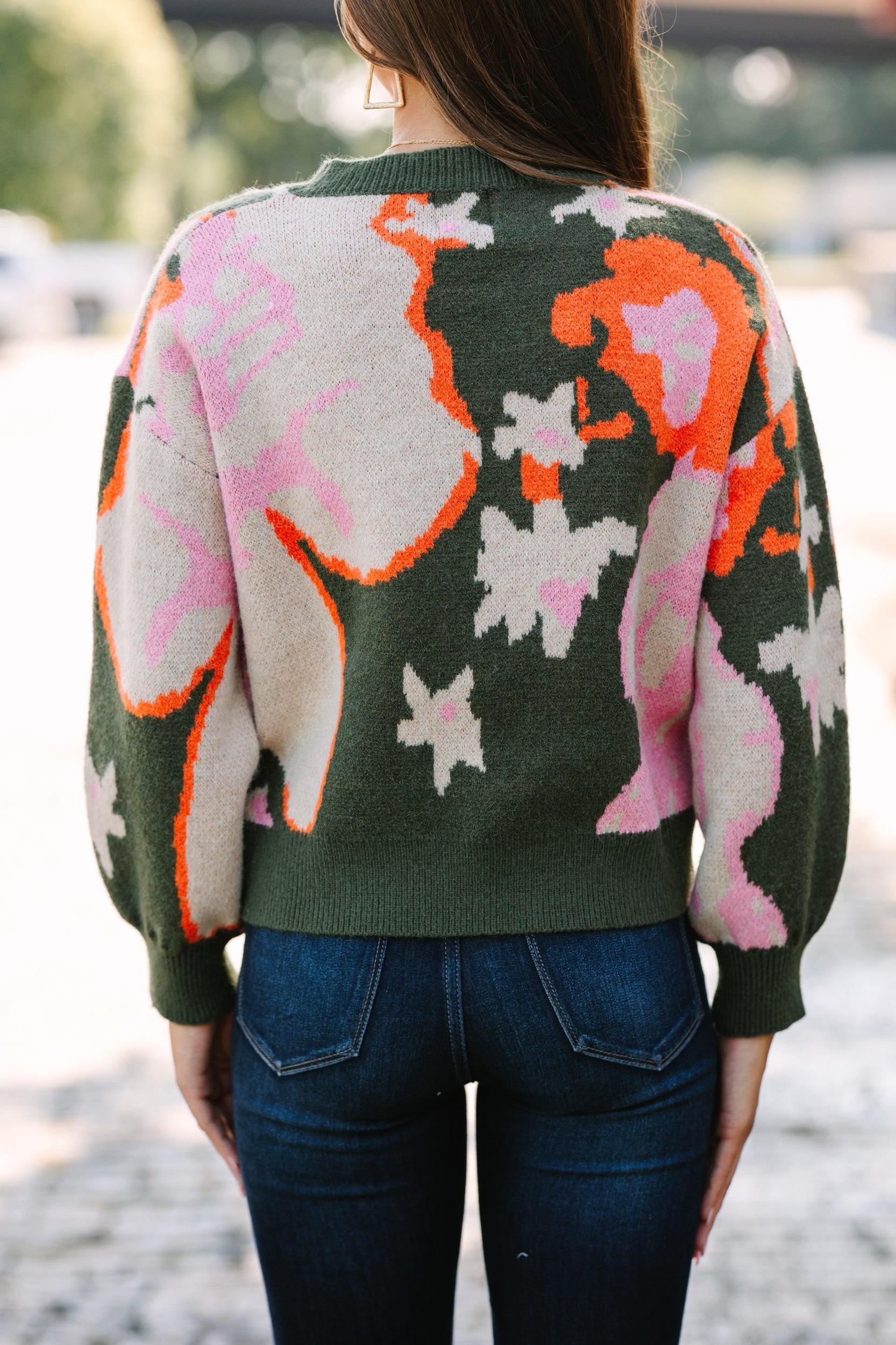 Chic Pursuits Olive Green Floral Sweater Female Product Image