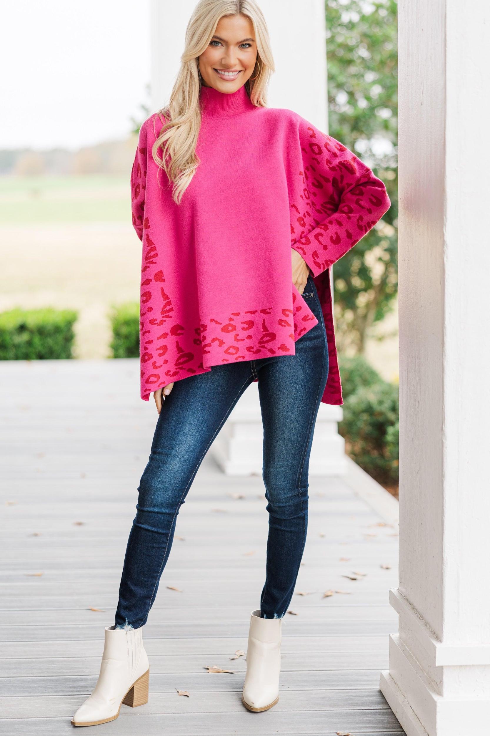 All In Theory Fuchsia Pink Leopard Sweater Tunic Female Product Image