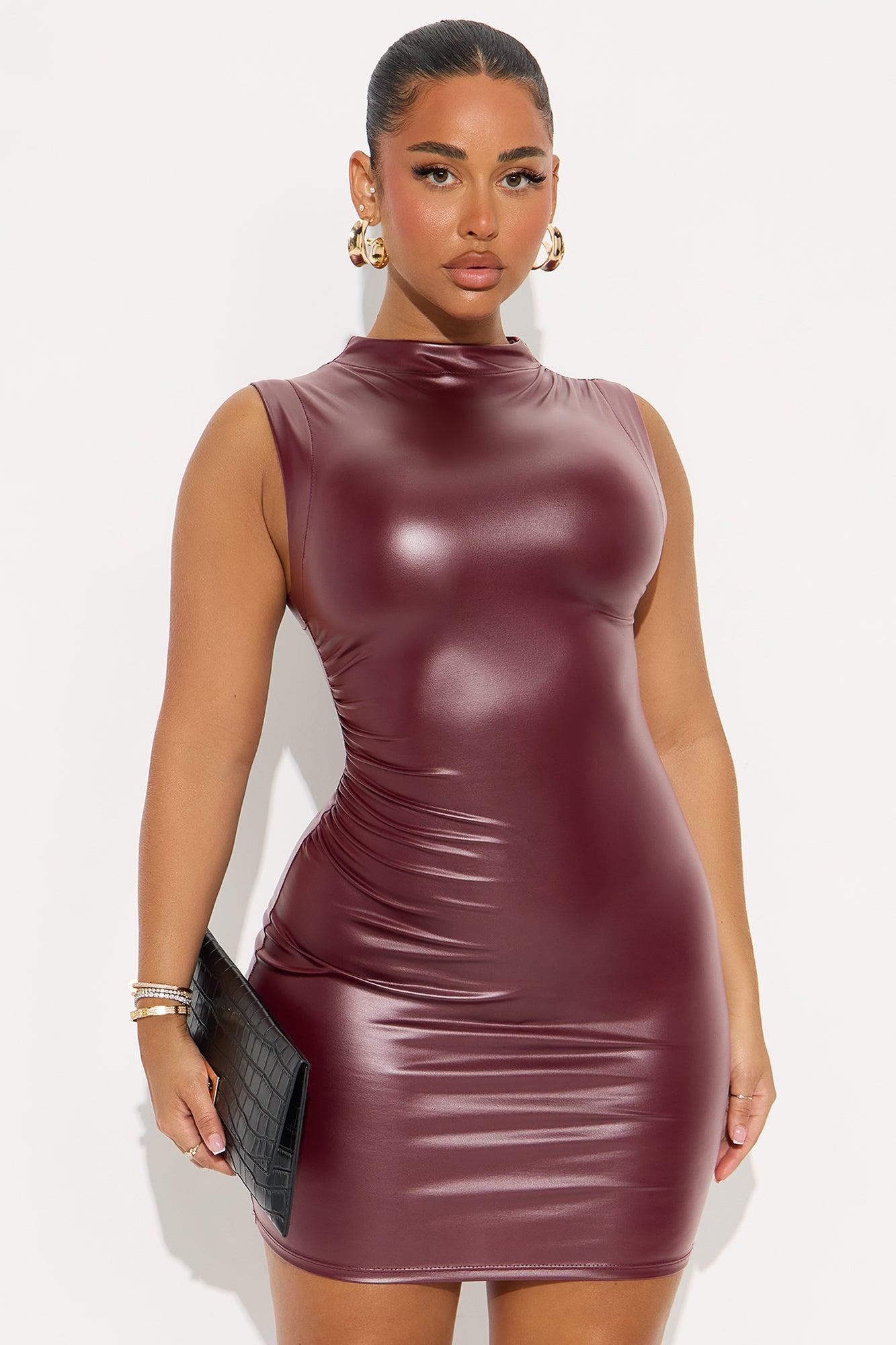 Ashley Ruched Faux Leather Mini Dress - Wine Female Product Image