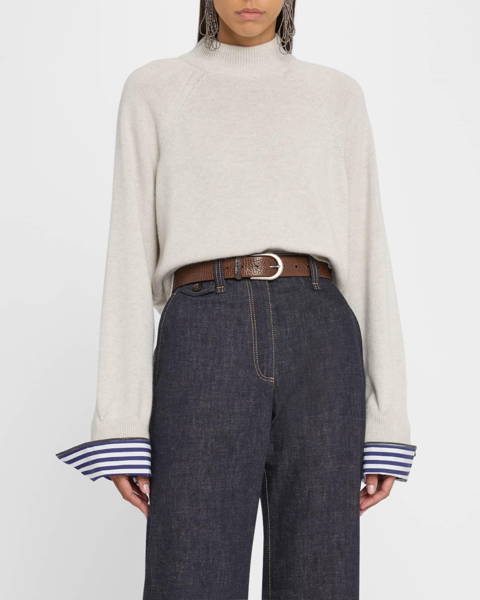 Mock-Neck Striped-Cuff Cashmere Knit Sweater Product Image