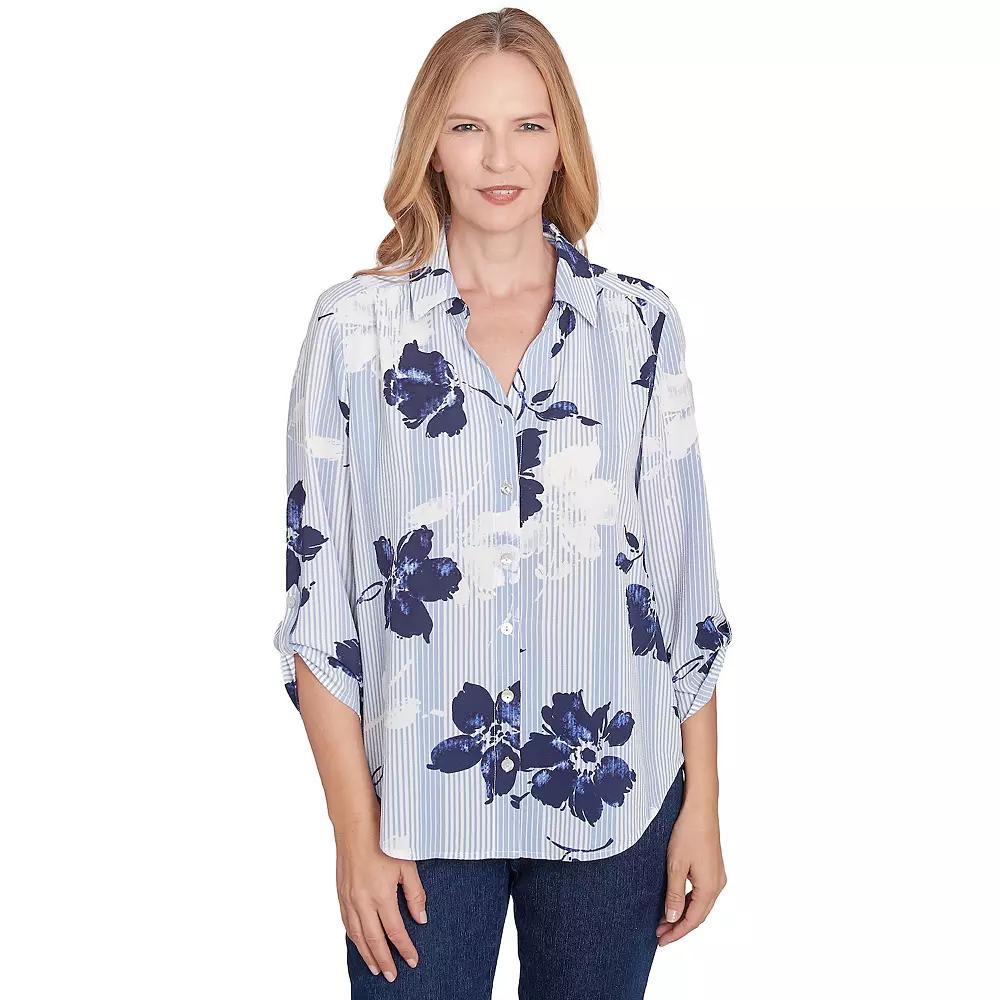 Women's Alfred Dunner Striped Flower Button Front Tie Sleeve Blouse, Size: Small, Blue Product Image