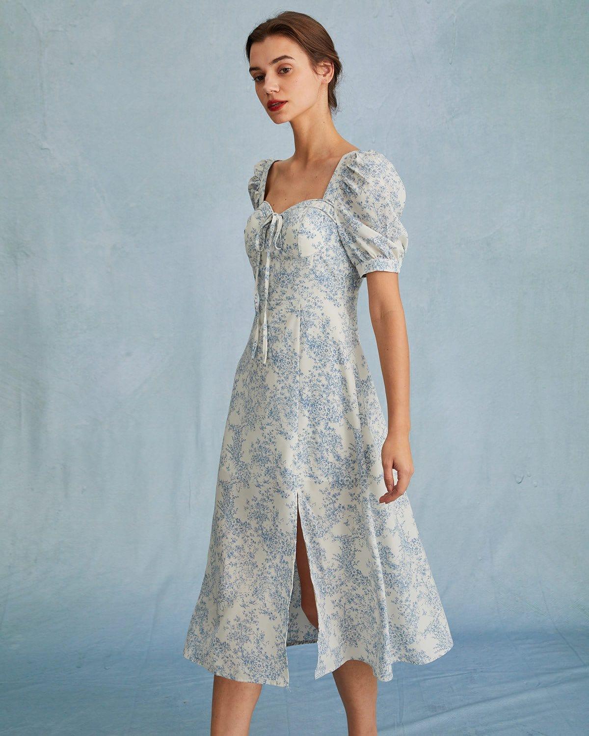 The Blue Sweetheart Neck Puff Sleeve Floral Midi Dress Product Image