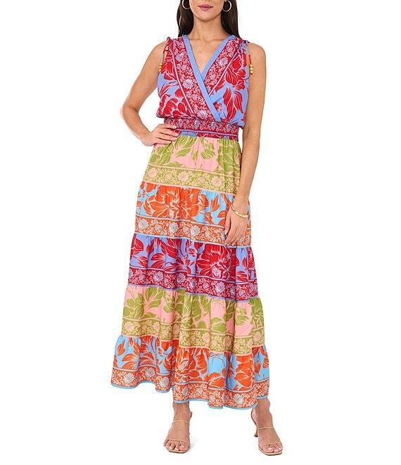 Vince Camuto Woven Printed Surplice V-Neck Tiered Blouson Maxi Dress Product Image