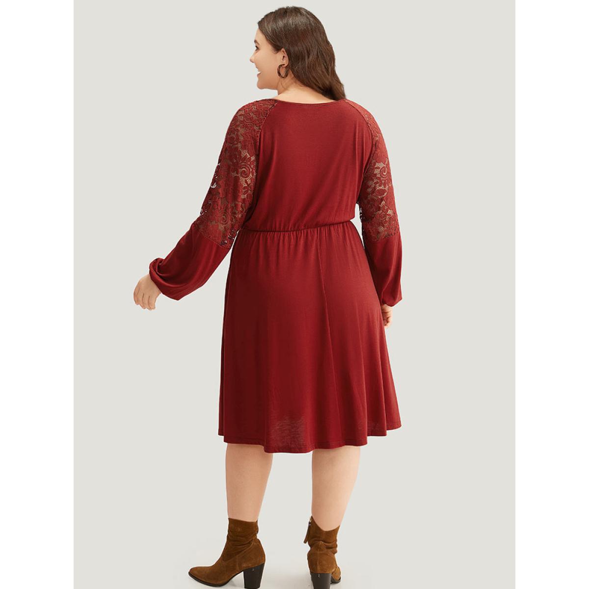 Plus Size Plain Pocket Lace Panel Lantern Sleeve Dress Scarlet Women Casual Elastic cuffs Round Neck Long Sleeve Curvy Midi Dress BloomChic 18-20/2X Product Image