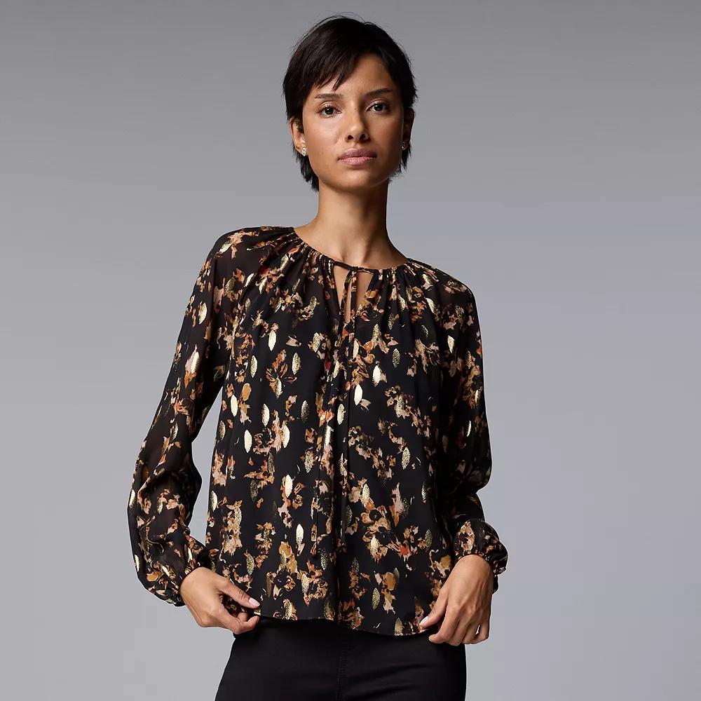 Women's Simply Vera Vera Wang Tie Front Shirred Blouse, Size: Medium, Black Gold Petals Product Image