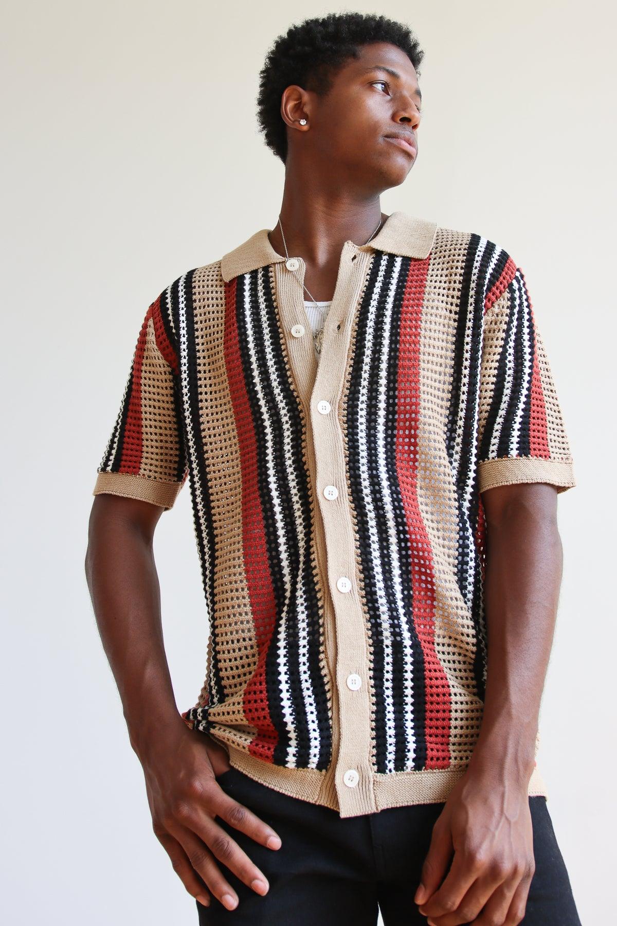 Striped Knit Mesh Button Up Shirt Product Image