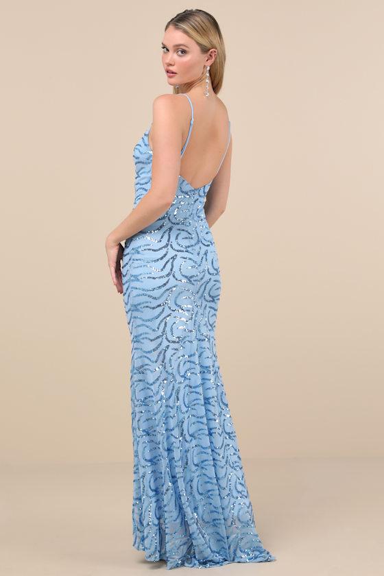 Mesmerizing Demeanor Blue Sequin Backless Mermaid Maxi Dress Product Image