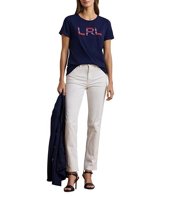 Lauren Ralph Lauren Stripe Beaded Logo Crew Neck Cotton Jersey Tee Top Product Image