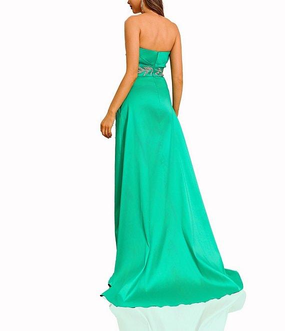 Terani Couture Strapless Ruched Satin Beaded Leaf A-Line Gown Product Image