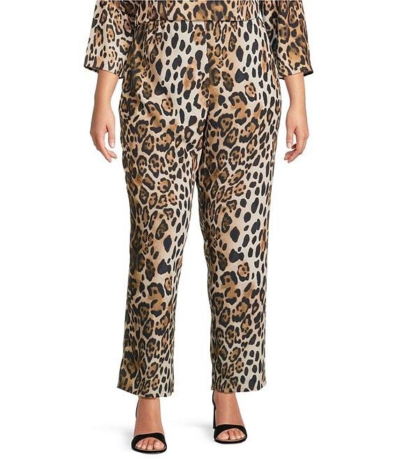 Caroline Rose Plus Coordinating Leopard Print Matte Crepe Flat Front Pull-On Straight Leg Pants Product Image
