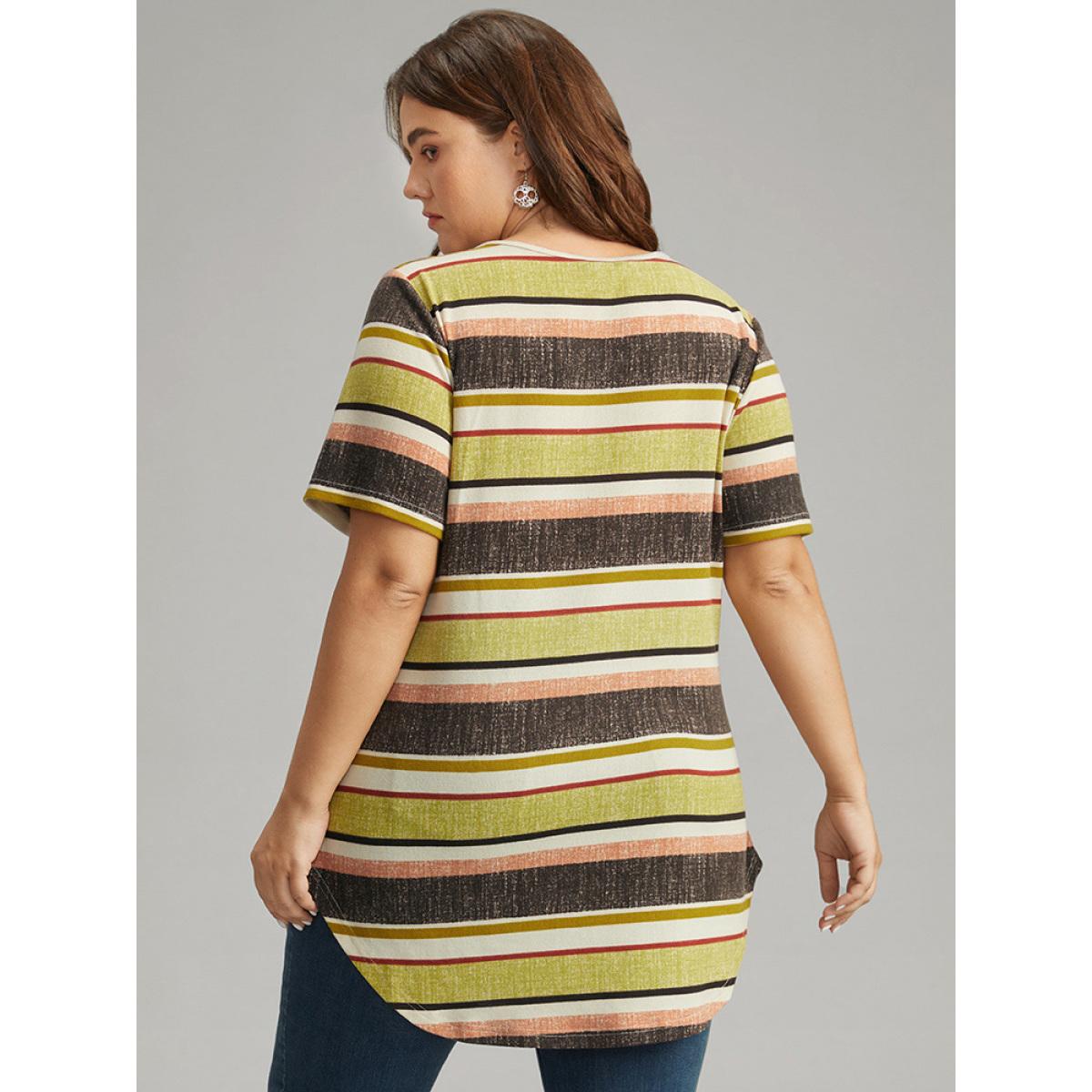 Plus Size Halloween Striped Contrast Curved Hem T-shirt Multicolor Women Casual Contrast Striped Round Neck Festival-Halloween T-shirts BloomChic 18-20/2X Product Image