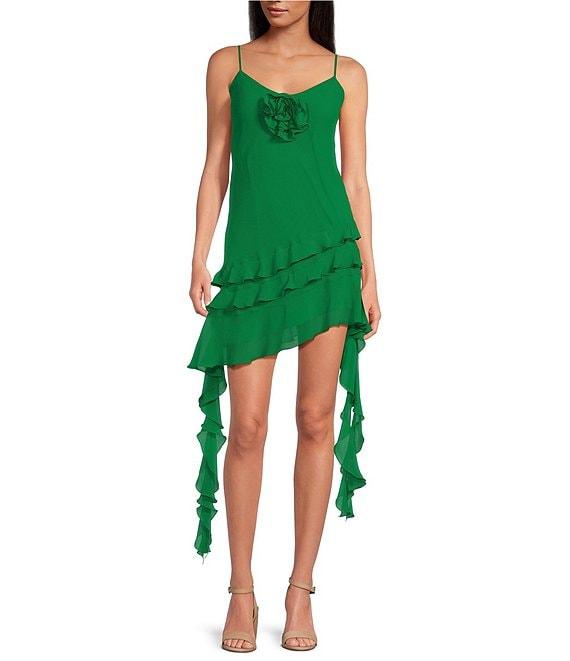 Gianni Bini Belle Rosette Sweetheart Neck Sleeveless Ruffle Chiffon Mini Dress Product Image