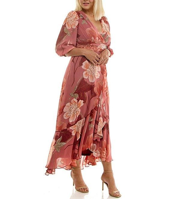 Moda Tara Plus Size Floral Print Chiffon 3/4 Sleeve High Low Skirt Dress Product Image