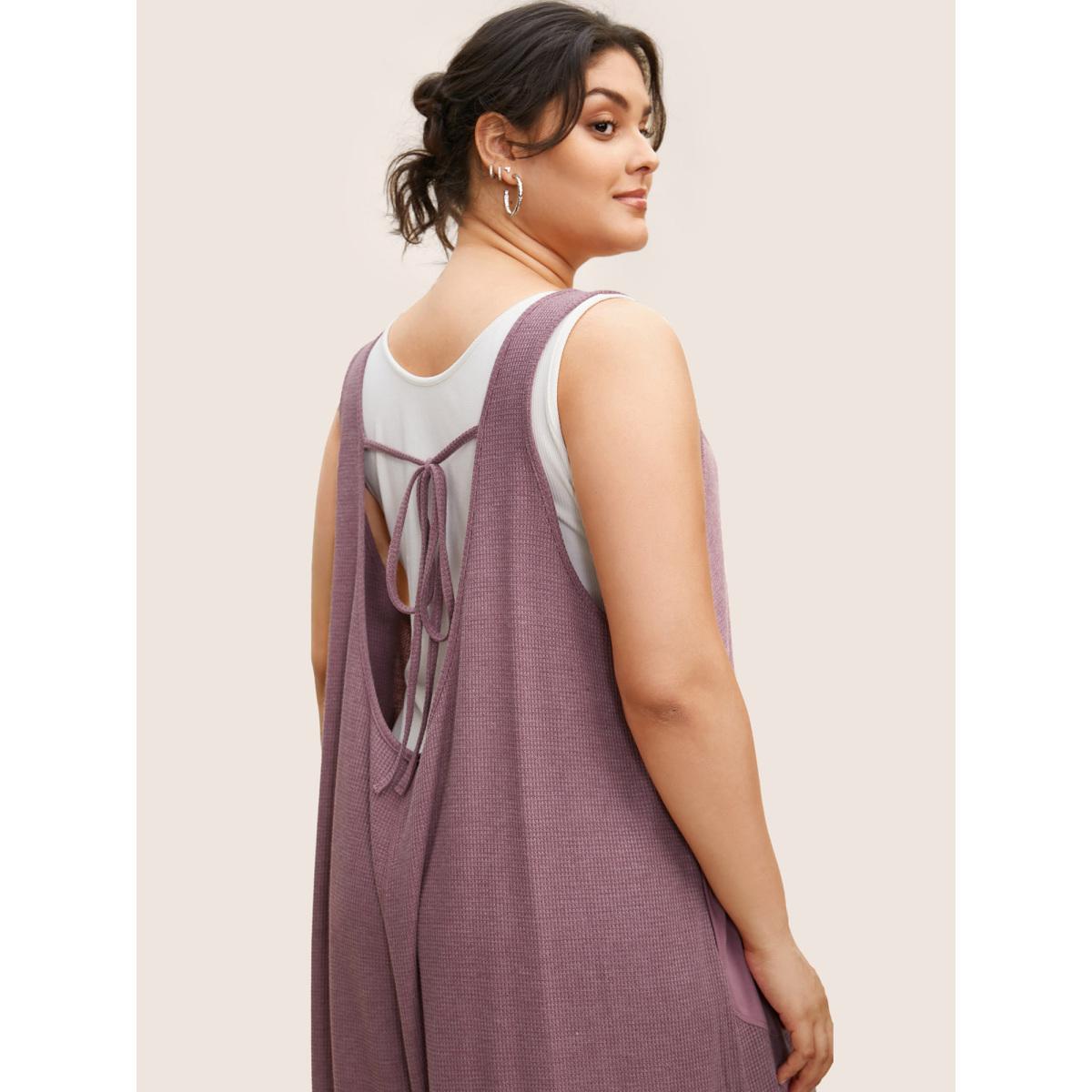Plus Size Mauve Waffle Knit Tie Knot Wide Leg Jumpsuit Women Casual Sleeveless Heart neckline Everyday Loose Jumpsuits BloomChic 28/5X Product Image