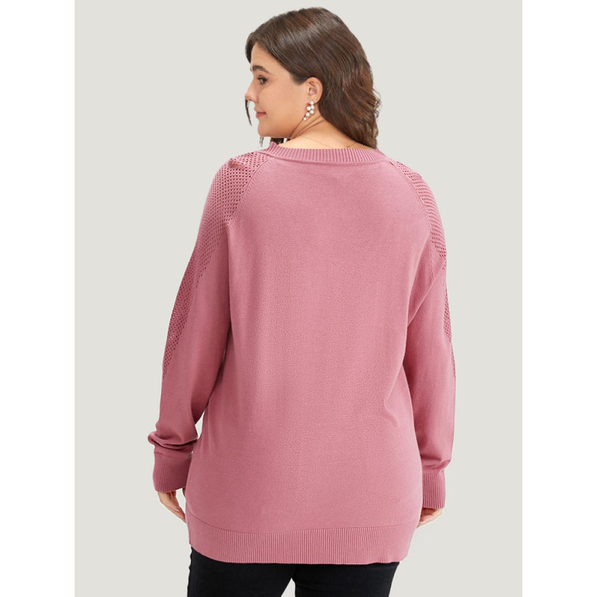 Plus Size Supersoft Essentials Solid Cut Out Patchwork Pullover DustyPink Women Casual Loose Long Sleeve V-neck Dailywear Pullovers BloomChic 26/4X Product Image