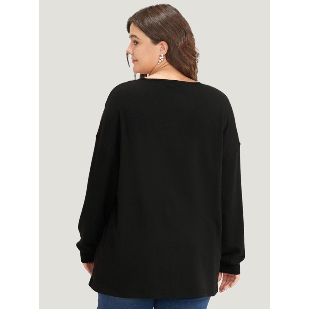 Plus Size Leopard Print Patchwork V Neck Contrast Trim Sweatshirt Women Black Casual Elastic cuffs V-neck Dailywear Sweatshirts BloomChic 28/5X Product Image