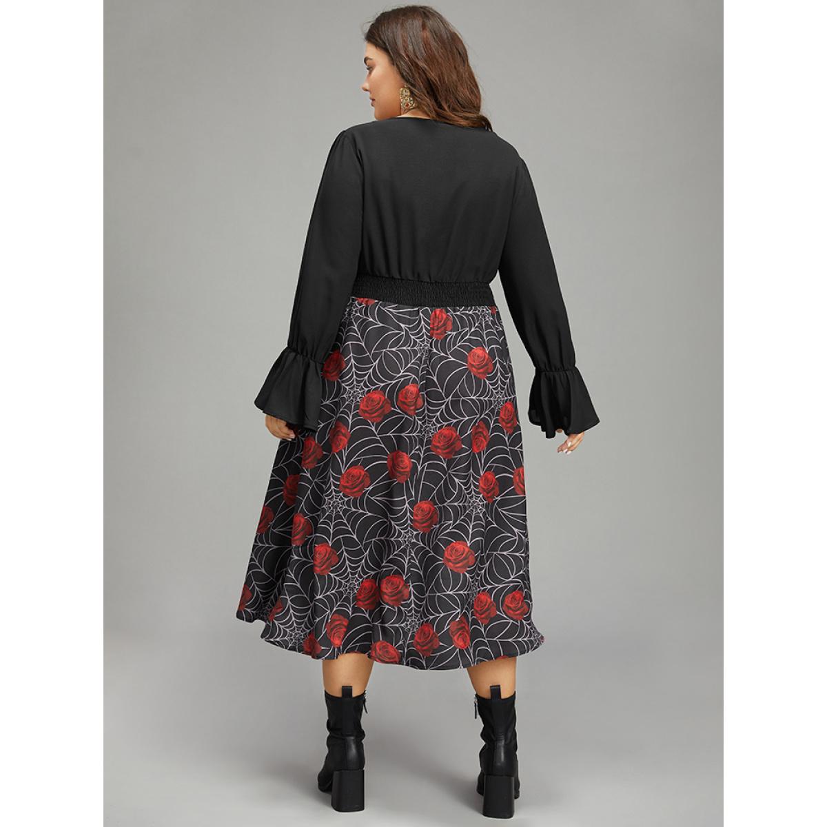 Plus Size Halloween Rose Ruffles Shirred Elastic Waist Dress Black Women Casual Printed V-neck Long Sleeve Curvy Midi Dress BloomChic 28/5X Product Image