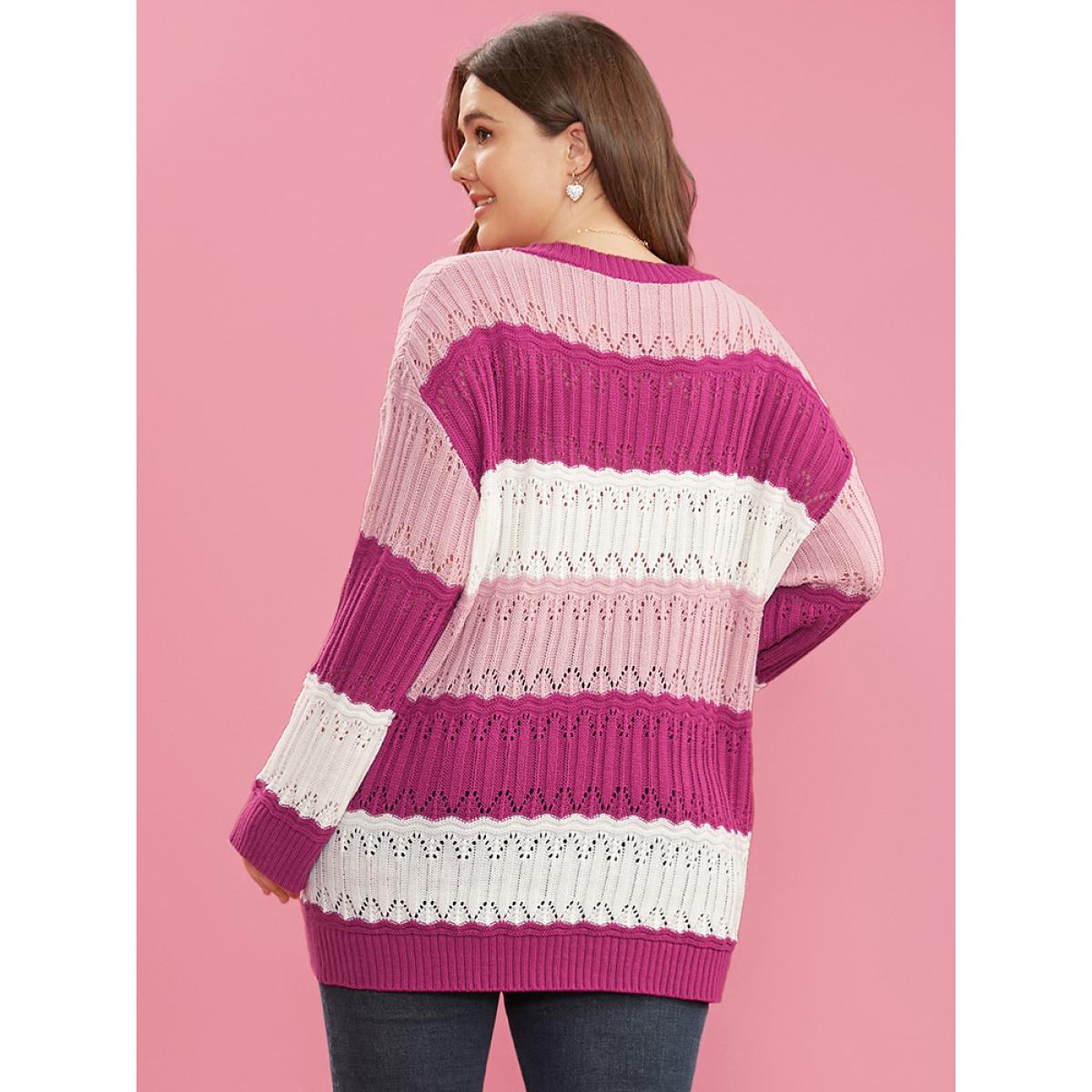 Plus Size Colorblock Contrast Pointelle Knit Cut Out V Neck Knit Top Multicolor Women Casual Loose Long Sleeve V-neck Dailywear Pullovers BloomChic 14-16/1X Product Image