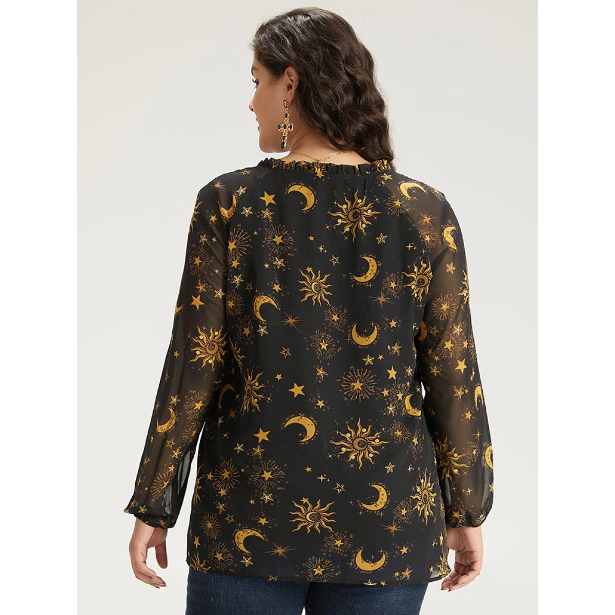 Plus Size Black Halloween Moon & Star Print Tie Neck Mesh Lantern Sleeve Blouse Women Elegant Long Sleeve Tie Neck Festival-Halloween Blouses BloomChic 22-24/3X Product Image