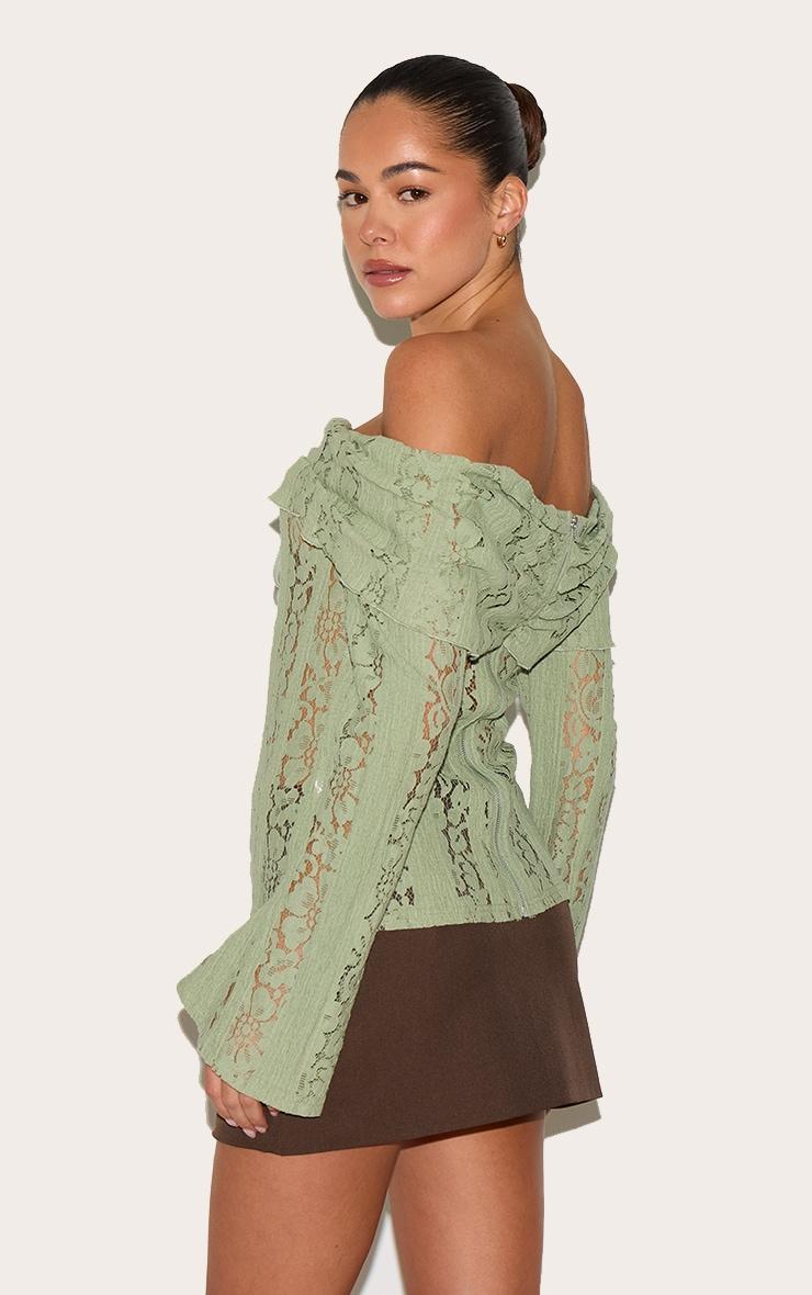 Sage Fitted Lace Flared Sleeve Bardot Top Product Image
