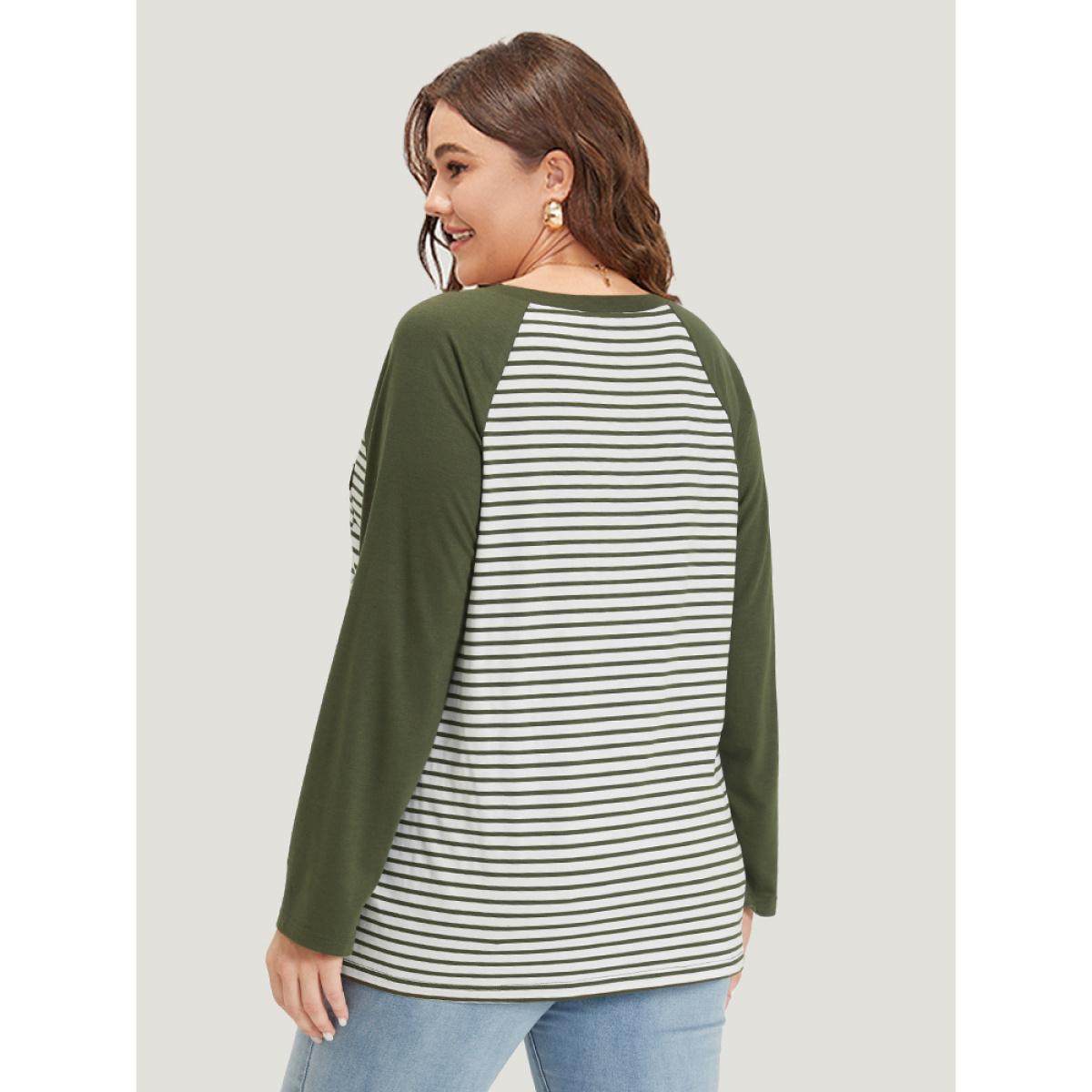 Plus Size Striped Patchwork Patched Pocket Raglan Sleeve T-shirt ArmyGreen Women Casual Contrast Striped Round Neck Dailywear T-shirts BloomChic 10/M Product Image