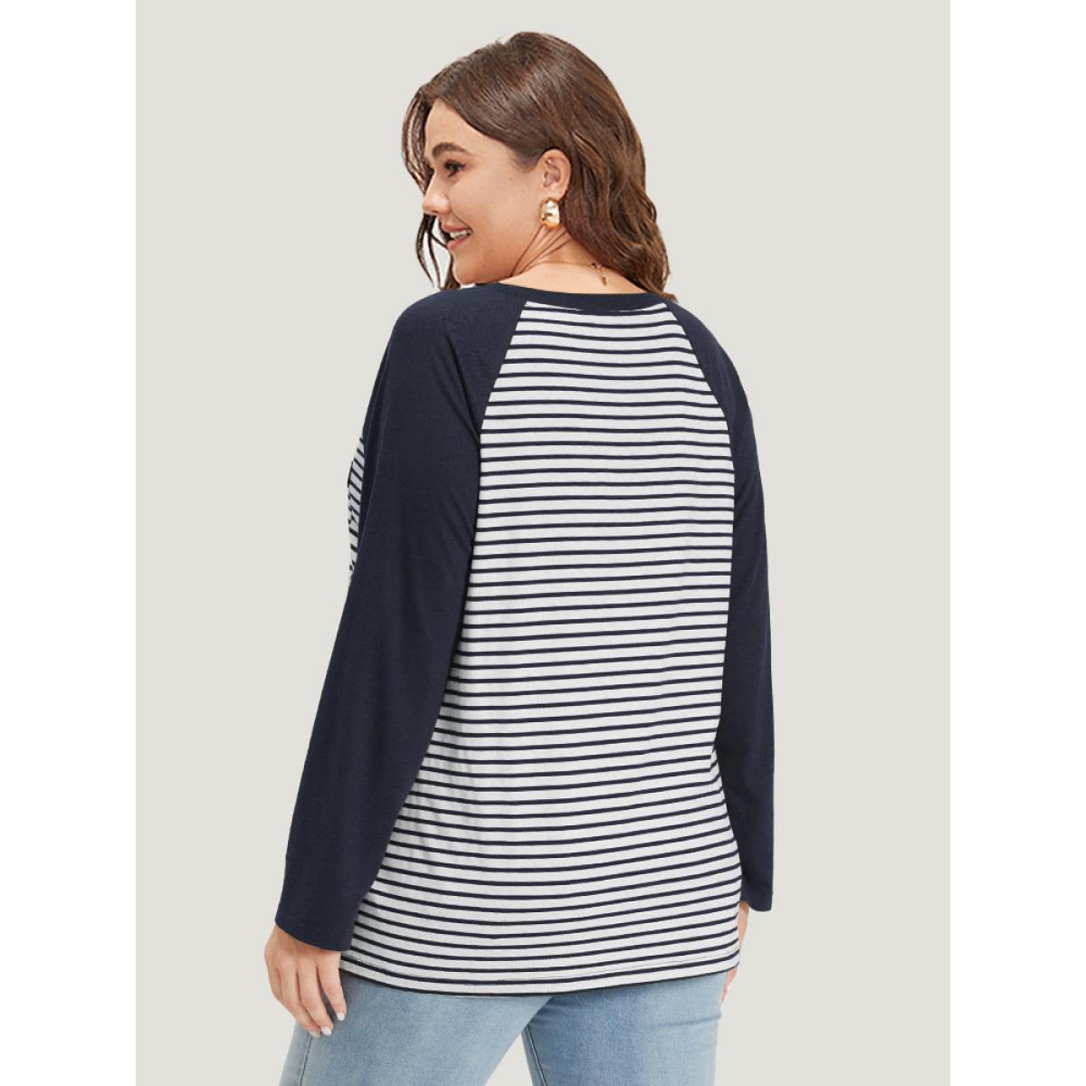 Plus Size Striped Patchwork Patched Pocket Raglan Sleeve T-shirt DarkBlue Women Casual Contrast Striped Round Neck Dailywear T-shirts BloomChic 18-20/2X Product Image