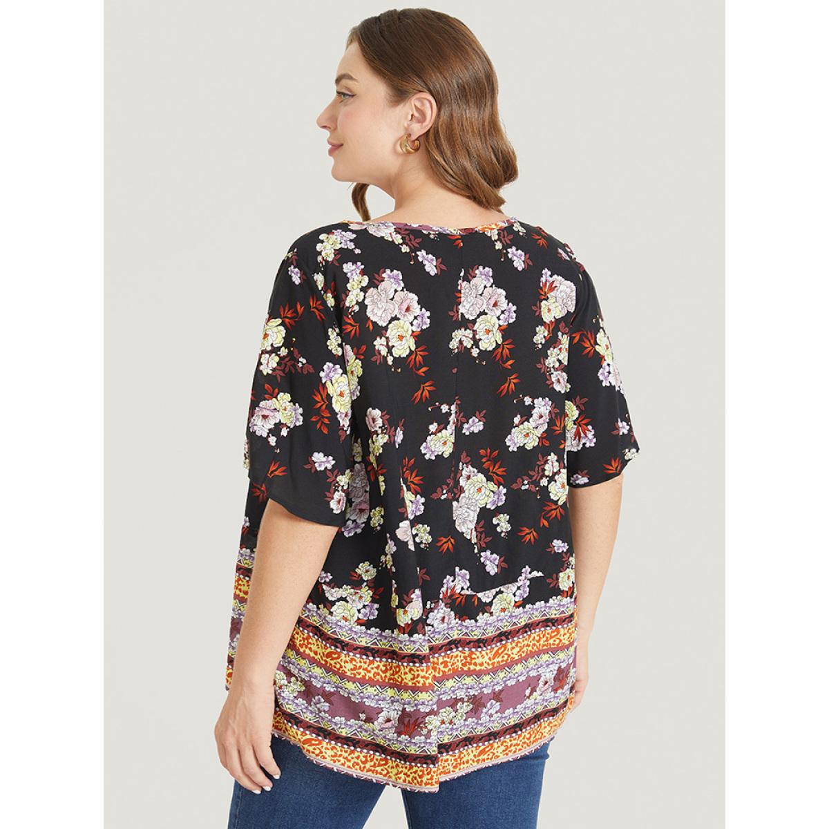 Plus Size BlackFlower Bandana Flutter Sleeve Tie Neck Cut Out Blouse Women Vacation Short sleeve V-neck Dailywear Blouses BloomChic 10/M Product Image