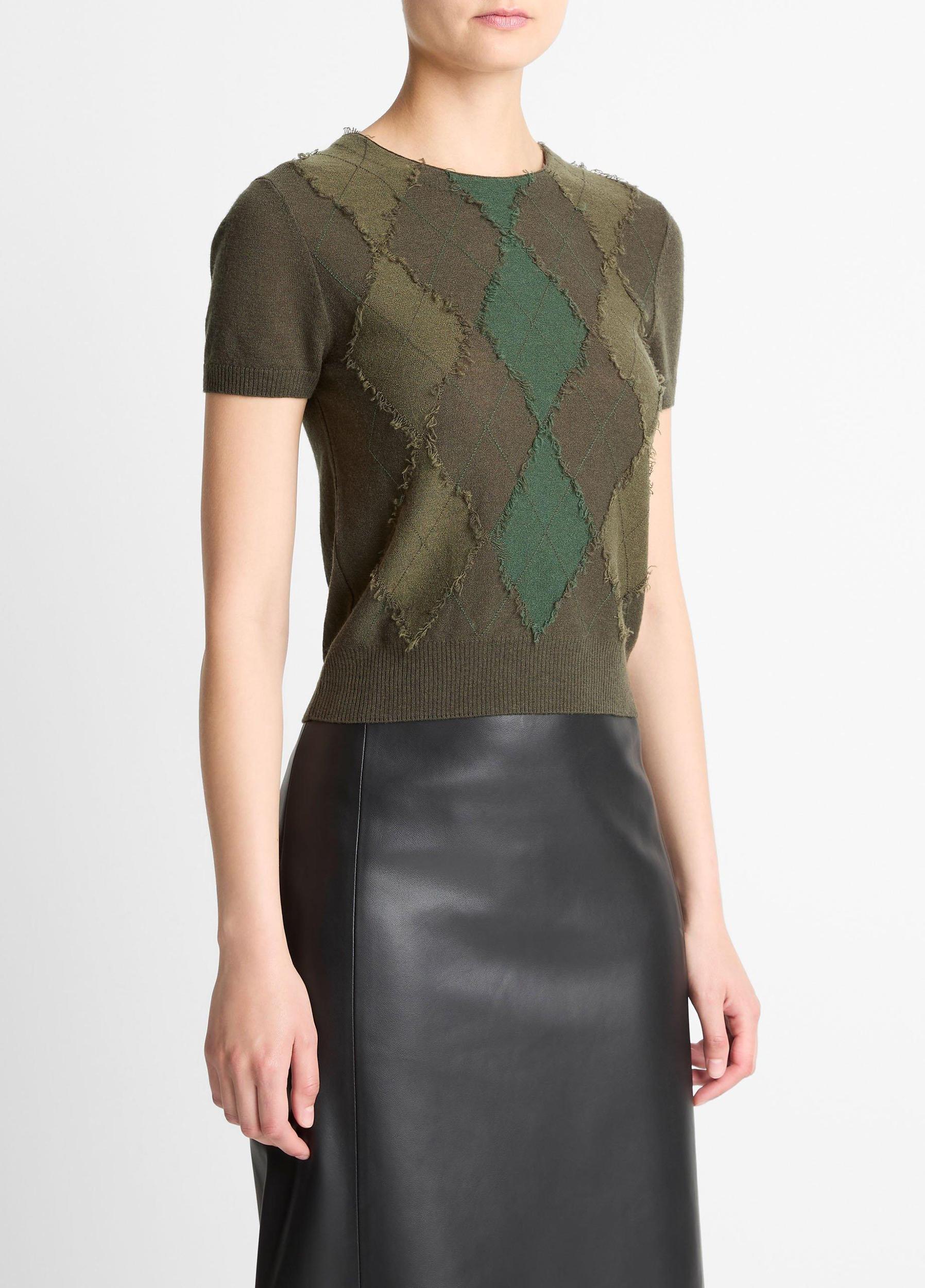 Hand-Cut Argyle Wool-Blend Short-Sleeve Sweater Product Image