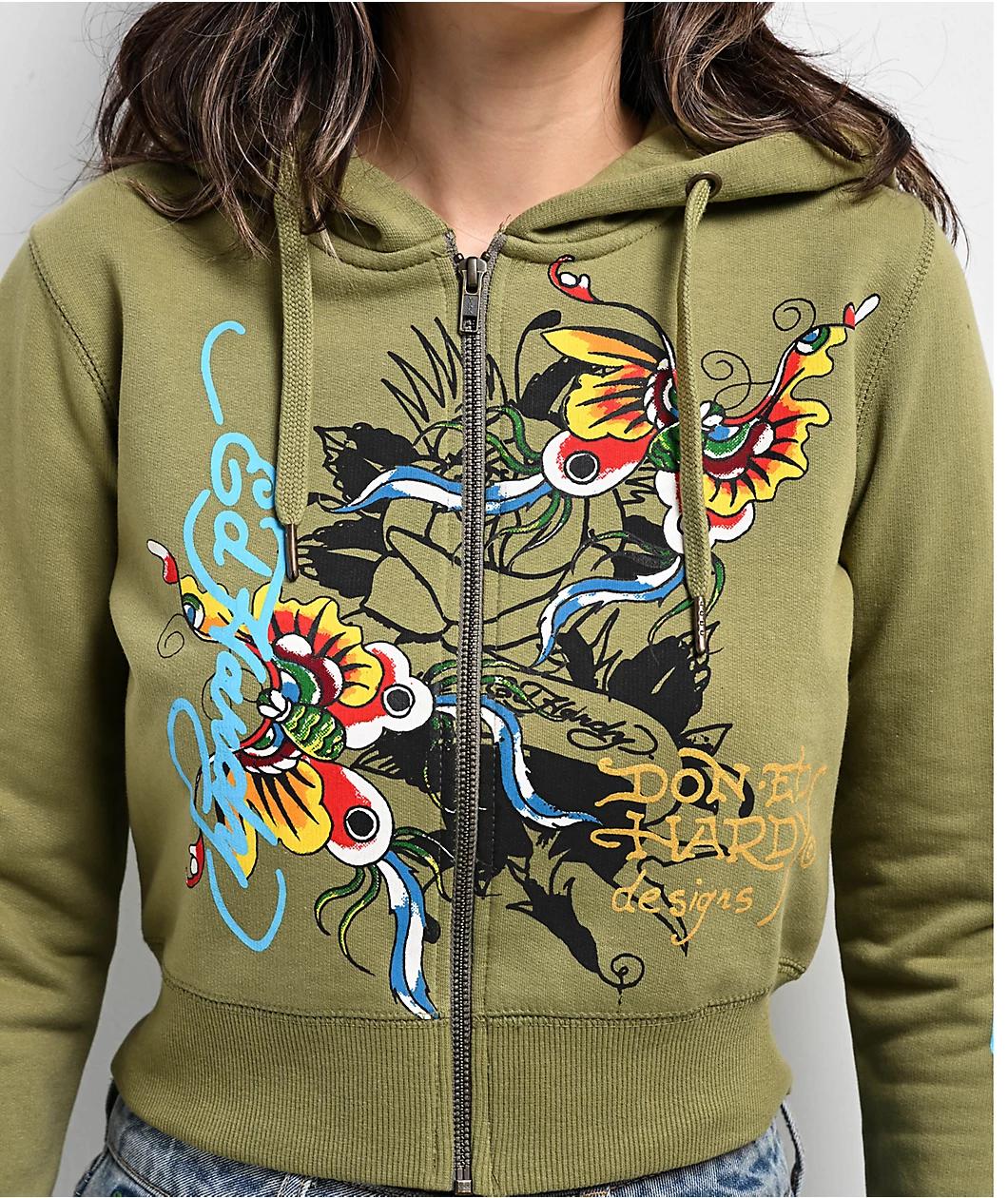 Ed Hardy Butterflies Y2K Olive Crop Zip Hoodie Product Image
