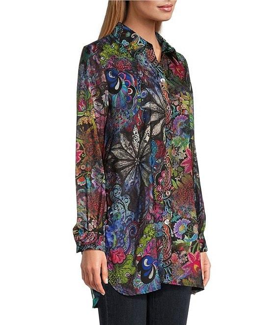 John Mark Mixed Print Satin Point Collar Long Roll-Tab Sleeve Button Front Blouse Product Image