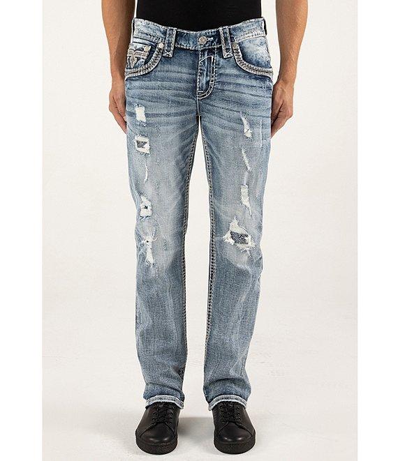 Rock Revival Emiliano Fleur-de-Lis Straight Leg Distressed Jeans Product Image