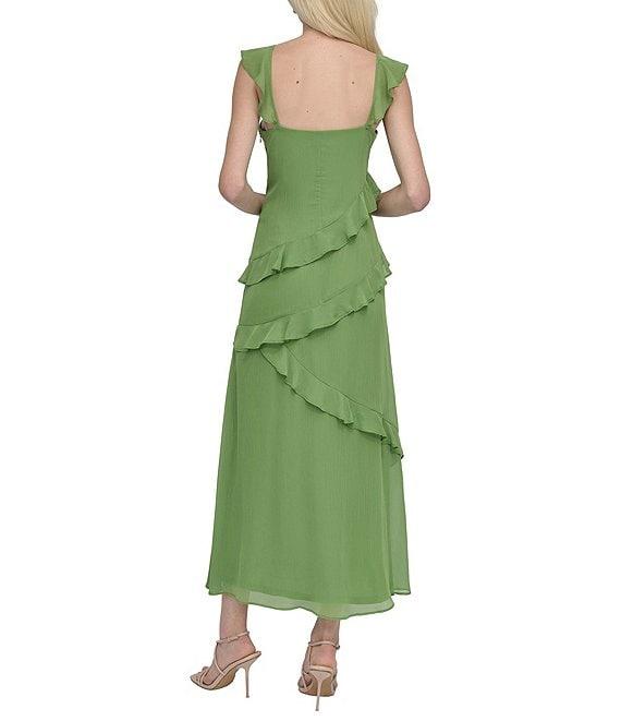 DKNY by Donna Karan Chiffon V Neck Sleeveless Ruffle Sheath Maxi Dress Product Image