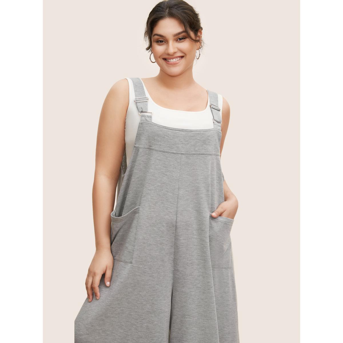Plus Size Silver Solid Heather Patched Pocket Wide Leg Jumpsuit Women Casual Sleeveless Square Neck Everyday Loose Jumpsuits BloomChic 12/L Product Image
