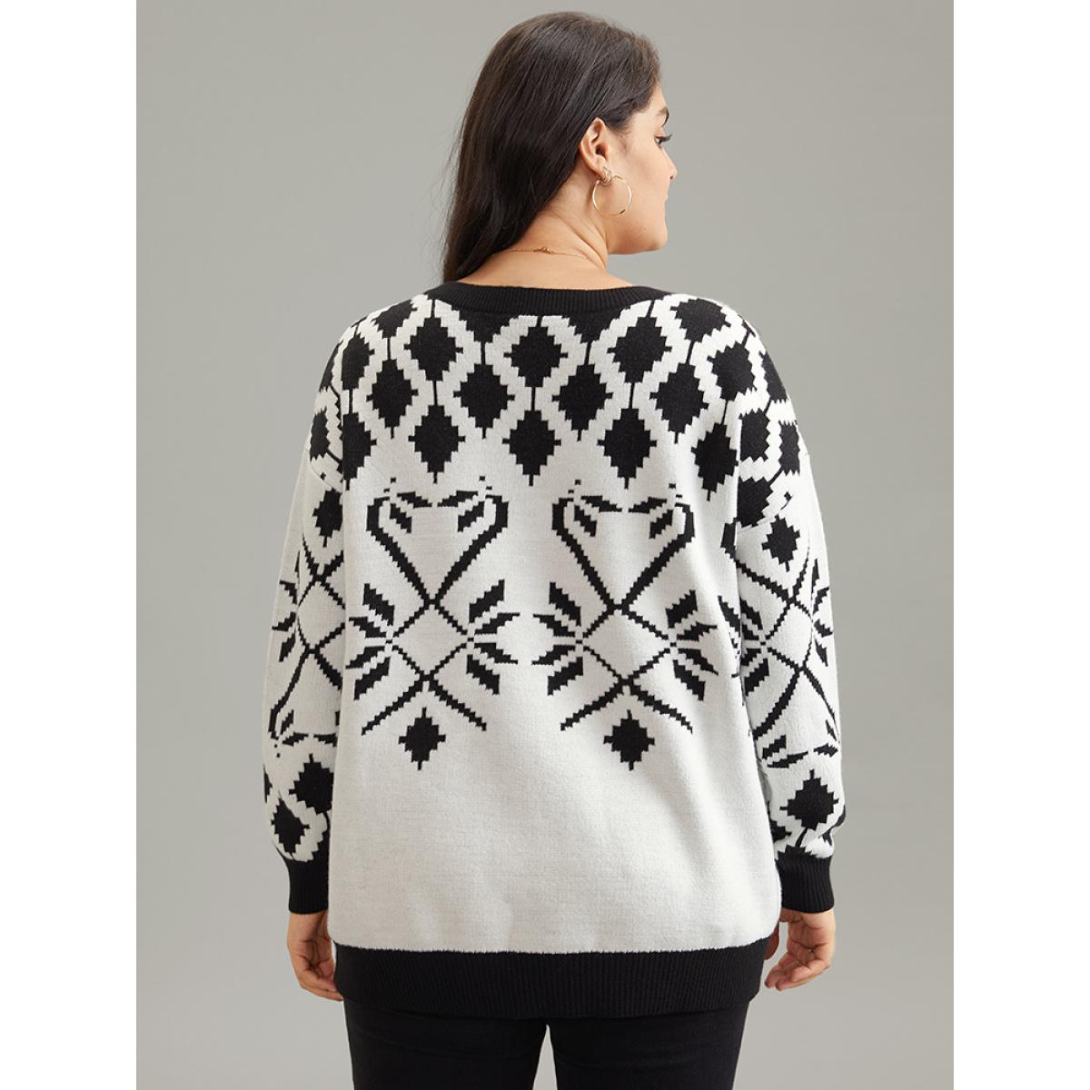 Plus Size Supersoft Essentials Geometric Jacquard Crew Neck Pullover Black Women Casual Loose Long Sleeve Round Neck Dailywear Pullovers BloomChic 14-16/1X Product Image