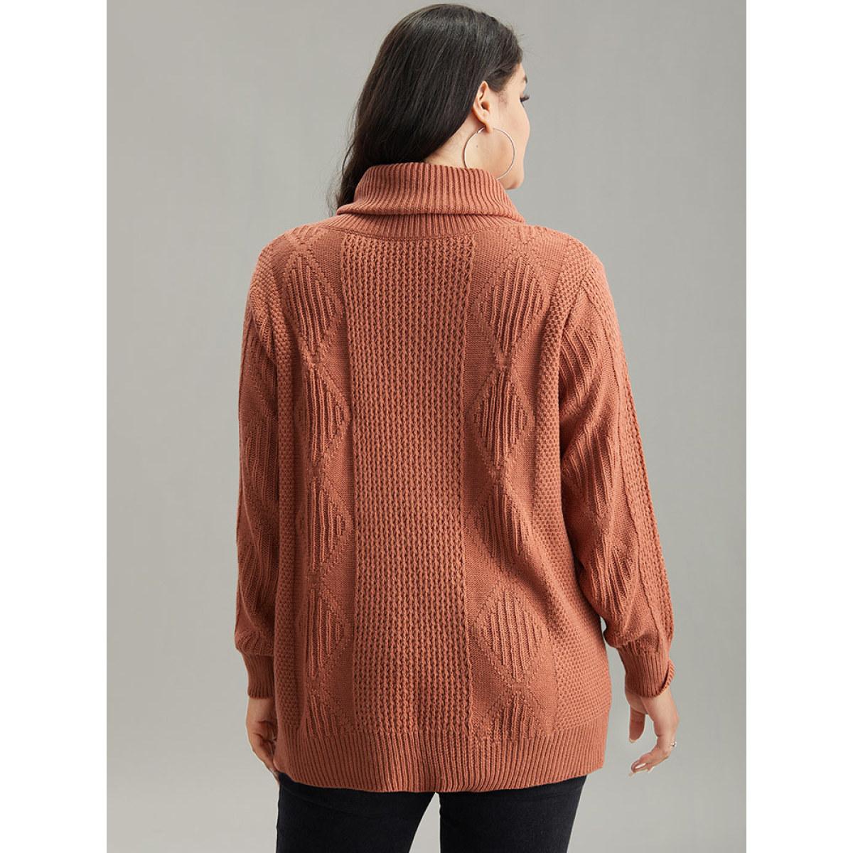 Plus Size Plain Plisse Turtle Neck Loose Pullover Coral Women Casual Loose Long Sleeve Turtleneck Dailywear Pullovers BloomChic 12/L Product Image