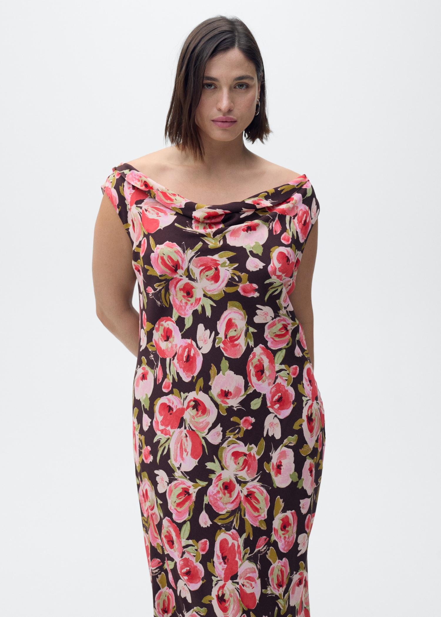 Floral dress with draped neck - Women | MANGO USA Product Image