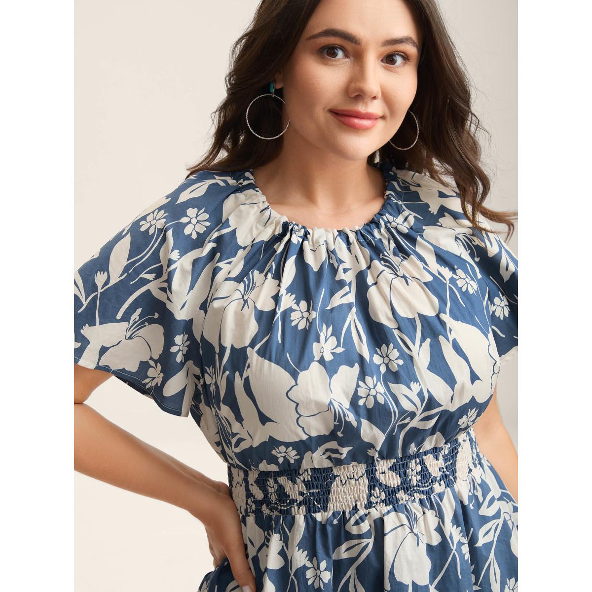 Plus Size Mediumblue Cotton Silhouette Floral Print Shirred Waist Blouse Women Short sleeve Round Neck Vacation Blouses BloomChic 18-20/2X Product Image