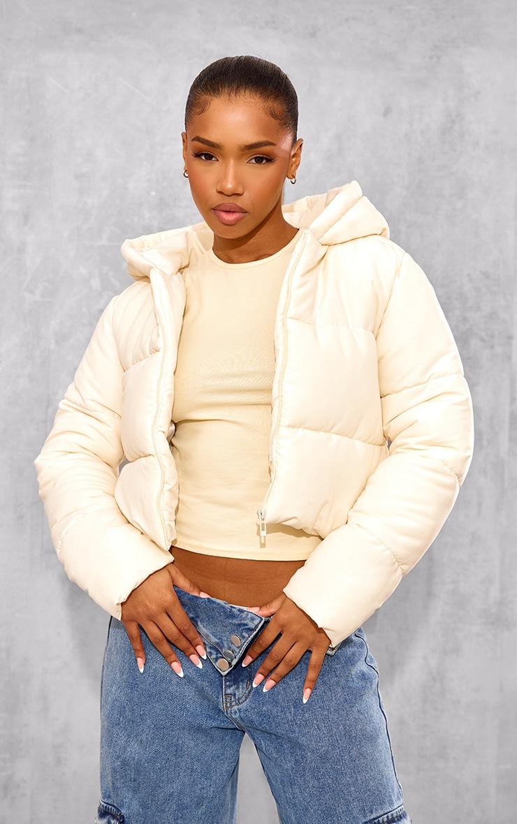 Cream Basic Hooded Zip Up Cropped Puffer Jacket Product Image