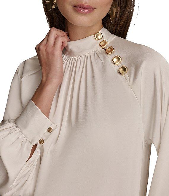 Donna Karan Stretch Satin Gold-Button Mock Neck Long Sleeve Top Product Image