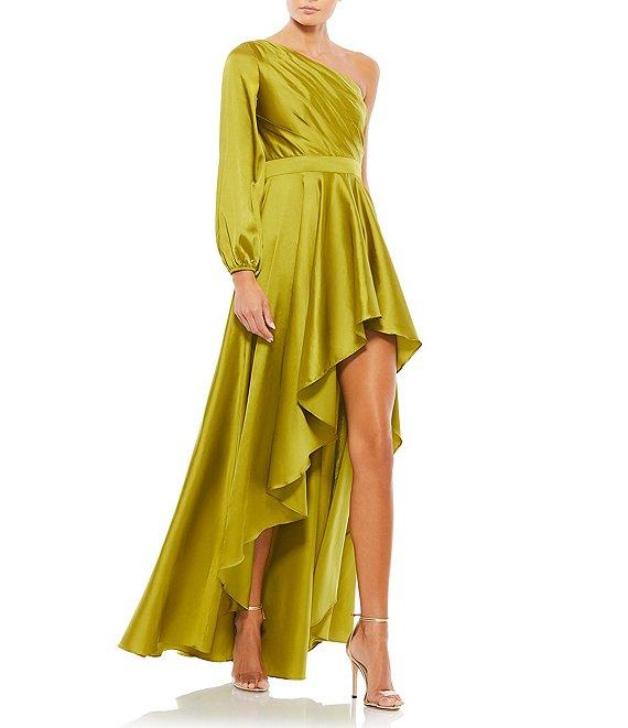 Mac Duggal One Sleeve Satin Ruffle Front Hi Low Dress Product Image