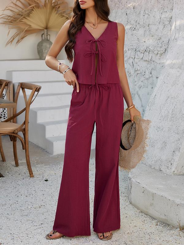 Loose Sleeveless Solid Color Tied V-Neck Vest Top + Elasticity Pockets Pants Bottom Two Pieces Set Product Image