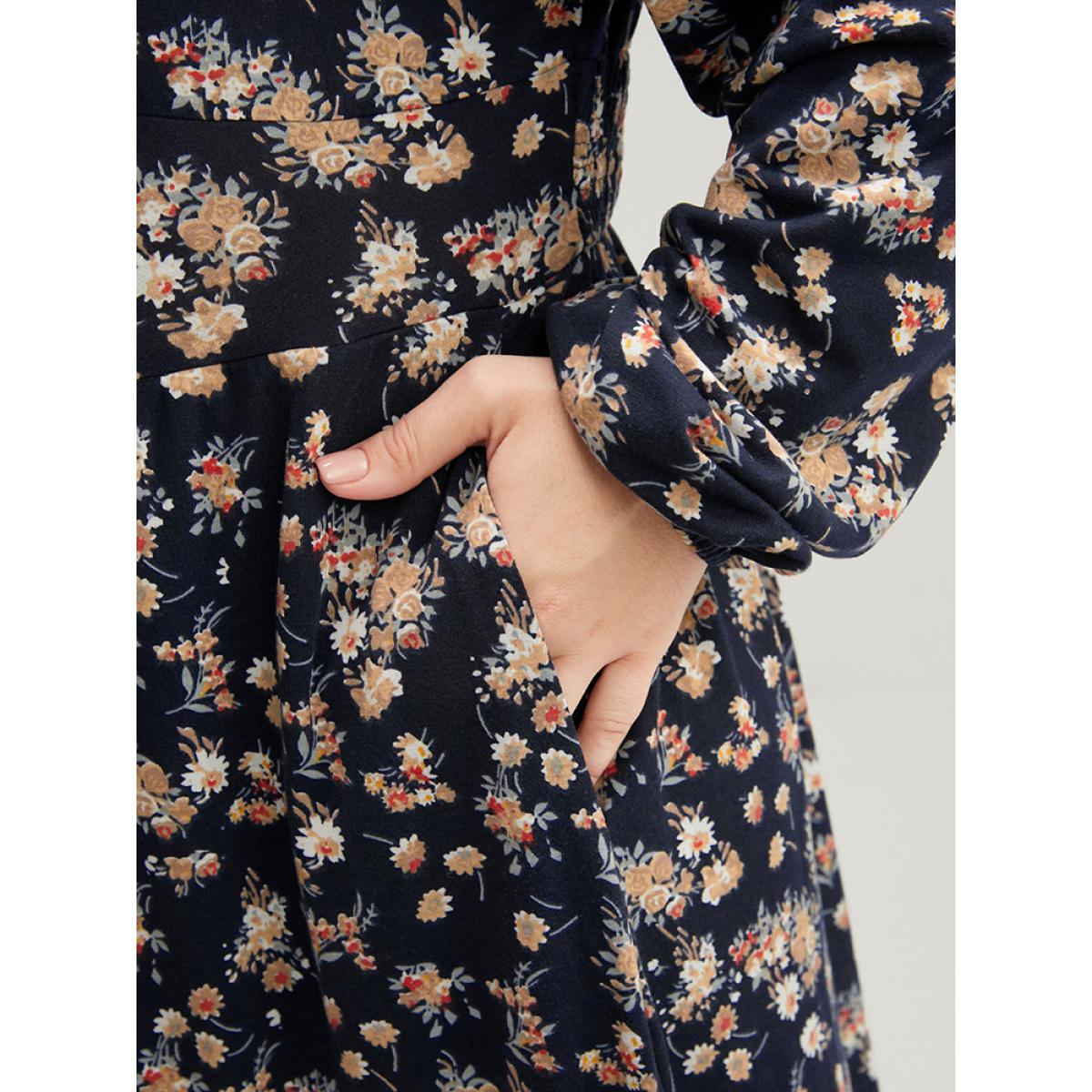 Plus Size Ditsy Floral Pocket Lantern Sleeve Shirred Flutter Dress Indigo Women Elegant Elastic Waist V-neck Long Sleeve Curvy Midi Dress BloomChic 22-24/3X Product Image