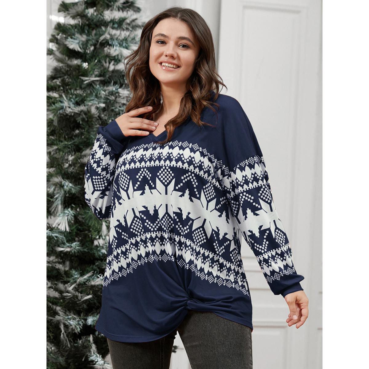 Plus Size Snowflake Print Twist Front Sweatshirt Women DarkBlue Elegant Printed V-neck Dailywear Sweatshirts BloomChic 18-20/2X Product Image